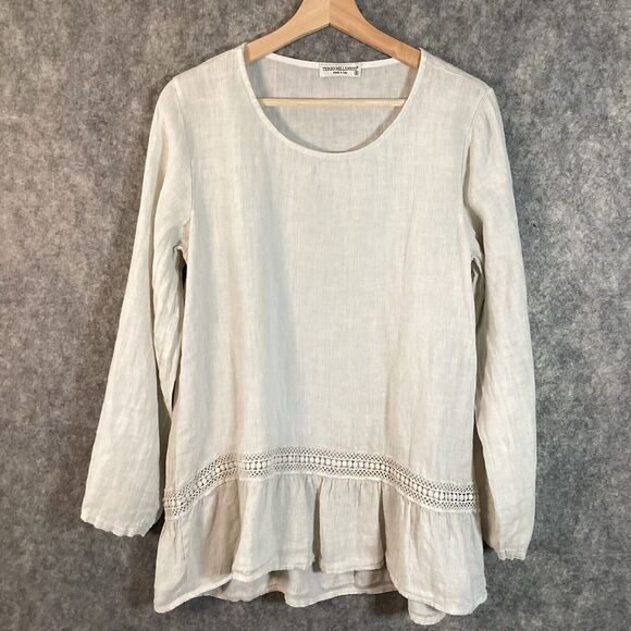 Terzo 100% Linen Roll Tab Sleeve Made In Italy Cotton Top Size M - Picture 2 of 13